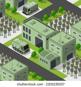 Antecedentes Ilustración 3D Ejército tropas armadas isométricas objetos de transporte militar y equipo de guerra fuerza elementos gráficos máquina de tanques 