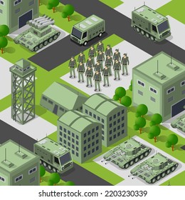 Antecedentes Ilustración 3D Ejército tropas armadas isométricas objetos de transporte militar y equipo de guerra fuerza elementos gráficos máquina de tanques 