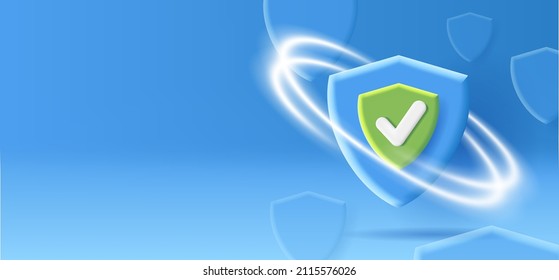 background with 3d illustration of a shield icon with protective shield on blue backdrop