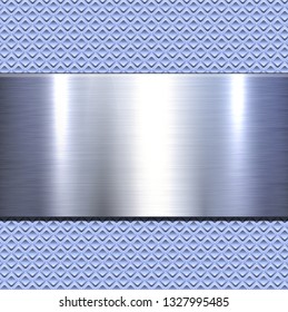 Background 3d metallic banner on perforated blue pattern, vector illustration.