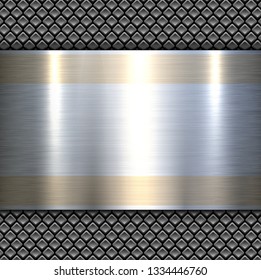 Background 3d metallic banner on perforated grey pattern, vector illustration.