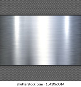 Background 3d metallic banner on seamless grey pattern, vector illustration.