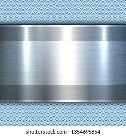 Background 3d metallic banner on perforated blue pattern, vector illustration.