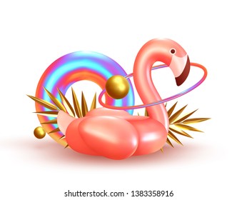 Background with 3d objects, bird shape pink flamingo, torus lifebuoy color gradient, golden balls and rings, gold palm leaves. Trendy banner, poster, website cover. Summer Minimal Abstract Background