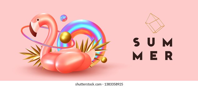 Background with 3d objects, bird shape pink flamingo, torus lifebuoy color gradient, golden balls and rings. Trendy banner, poster, website cover. Summer Minimal Abstract Horizontal Background