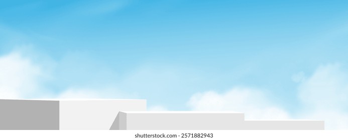 Background 3d podium on blue sky,cloud for product design,Summer banner white platform stage stand Mockup for cosmetic,Minimal abstract building,Vector illustration  backdrop