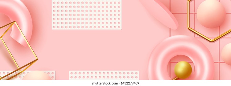 Background with 3d realistic objects. Minimal abstract composition. backdrop with geometric shapes. Modern banner, web poster. Flat view from the top. Trendy Vector Design Elements. Pink and coral