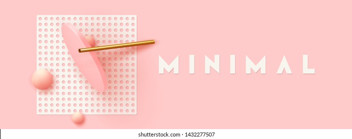 Background with 3d realistic objects. Minimal abstract composition. backdrop with geometric shapes. Modern banner, web poster. Flat view from the top. Trendy Vector Design Elements. Pink and coral