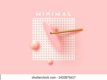 Background with 3d realistic objects. Minimal abstract composition. backdrop with geometric shapes. Modern banner, web poster. Flat view from the top. Trendy Vector Design Elements. Pink and coral