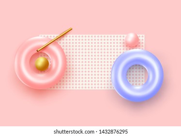 Background with 3d realistic objects. Minimal abstract composition. backdrop with geometric shapes. Modern banner, web poster. Flat view from the top. Trendy Vector Design Elements. Pink and coral