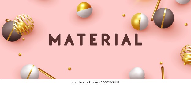 Background with 3d realistic spheres. Gold and black and white balls. Trendy minimal design. Horizontal posters, cards, headers, website. Web banner vector illustration