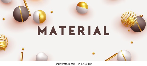 Background with 3d realistic spheres. Gold and black and white balls. Trendy minimal design. Horizontal posters, cards, headers, website. Web banner vector illustration