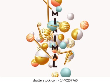 Background with 3d realistic spheres. Gold and silver and white balls. Trendy minimal design.