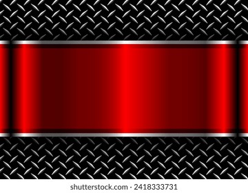 Background 3D red black metallic, 3d vector design with diamond plate sheet metal texture.