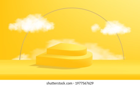 Background 3D Studio room with Podium in geometry shape with white cloud on yellow wall. Blank Showcase Mockup with empty stage, Abstract backdrop minimal display showcase for product presentation