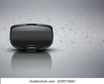 Hintergrund des 3D VR-Headsets und der Blockchain. Vorderseite.  Vektorgrafik.