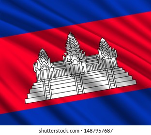 Background with 3d waving flag of Cambodia