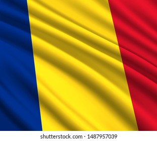 Background with 3d waving flag of Romania