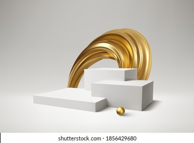 Background 3d white podium product and realistic golden swirl on the white background. Modern white cube podium, great design for any purposes. Vector illustration EPS10