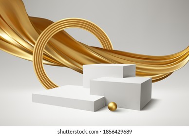 Background 3d white podium product and realistic golden swirl on the white background. Modern white cube podium, great design for any purposes. Vector illustration EPS10