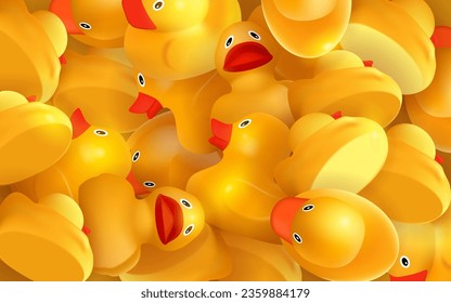 Background with 3d yellow rubber ducks. Vector background with 3D objects