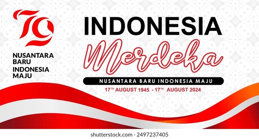 Antecedentes del 79° Día de la Independencia de la República de Indonesia con un motivo de batik blanco y gris, un mapa de Indonesia y el logotipo oficial. Ilustración vectorial