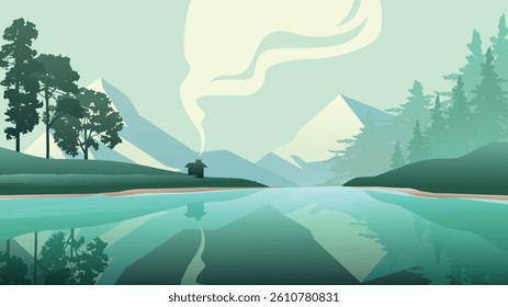 BACKGROUND 97 WITH VECTOR ILLUSTRATION OF MOUNTAINS AND LAKES SURROUNDED BY FOREST