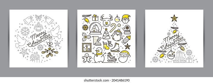 Background about Christmas with grey, black and yellow line icons. Christmas greeting cards