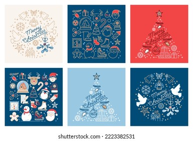 Background about Christmas with icons.  Blue, red, and cinnamon greeting cards