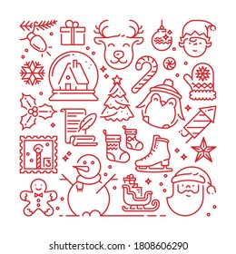 Background about Christmas with line icons. Square winter holidays greeting card