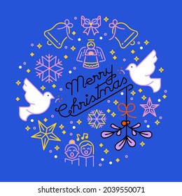 Background about Christmas with square line icons. Greeting card. Merry Christmas. Winter holidays. 