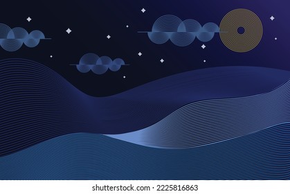 Background abstrack night sea and moon lineart
