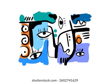Background abstract art illustration featuring a stylized face with fluid lines and expressive shapes.