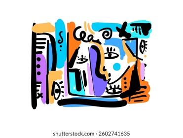 Background abstract art illustration featuring a stylized face with fluid lines and expressive shapes.