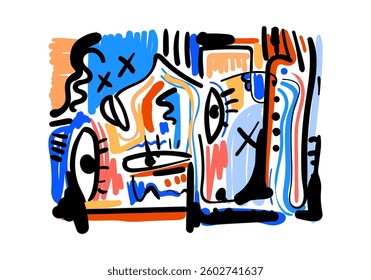 Background abstract art illustration featuring a stylized face with fluid lines and expressive shapes.