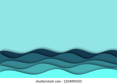 Background with abstract blue waves. Seascape in paper cut style.