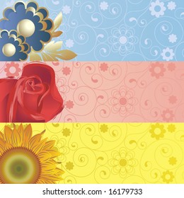 Background with   abstract blue, yellow, red flowers