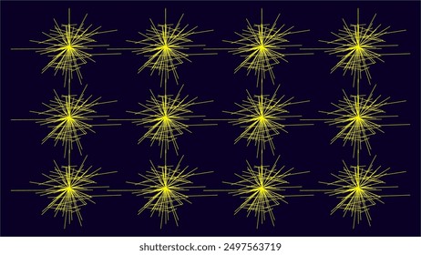 Background with abstract circular pattern that can represent stars, scribbles, explosions, fireworks, flowers or thorns. Dark blue background with yellow patterns.