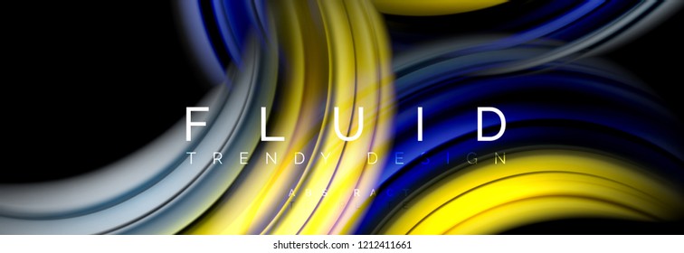 Background abstract design, flowing mixing liquid color waves on black, vector illustration