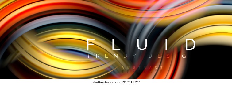 Background abstract design, flowing mixing liquid color waves on black, vector illustration