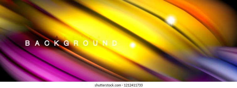 Background abstract design, flowing mixing liquid color waves on black, vector illustration