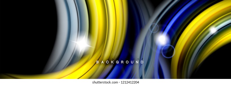Background abstract design, flowing mixing liquid color waves on black, vector illustration