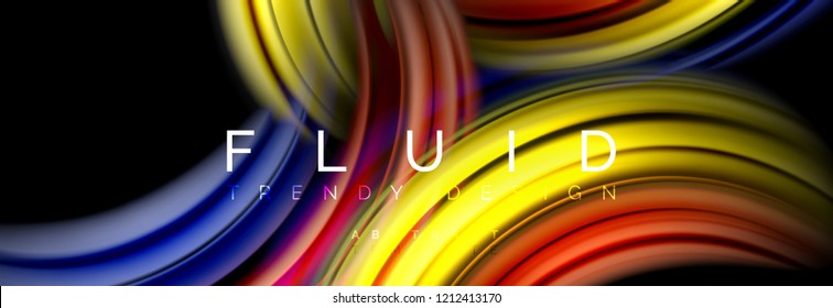 Background abstract design, flowing mixing liquid color waves on black, vector illustration