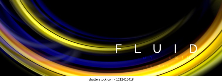 Background abstract design, flowing mixing liquid color waves on black, vector illustration