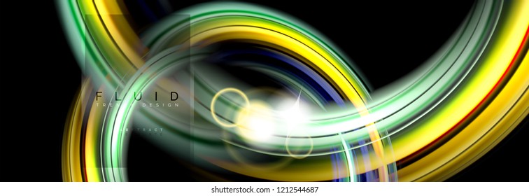 Background abstract design, flowing mixing liquid color waves on black, vector illustration