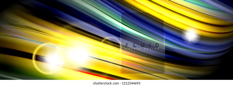 Background abstract design, flowing mixing liquid color waves on black, vector illustration