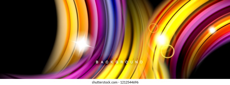 Background abstract design, flowing mixing liquid color waves on black, vector illustration