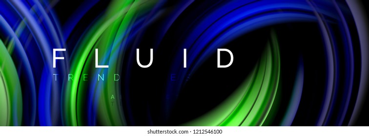 Background abstract design, flowing mixing liquid color waves on black, vector illustration