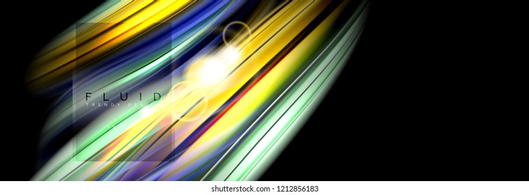 Background abstract design, flowing mixing liquid color waves on black, vector illustration