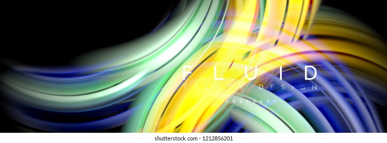 Background abstract design, flowing mixing liquid color waves on black, vector illustration